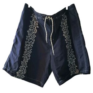 Vtg 90s Polo Sport Ralph Lauren Board Shorts 40 Navy Felted Floral Hibiscus